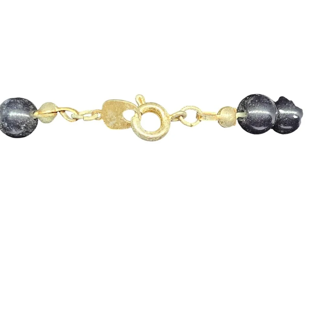 Vintage Black Beaded Cloisonné Floral Necklace Gold Tone Spacers Statement 24